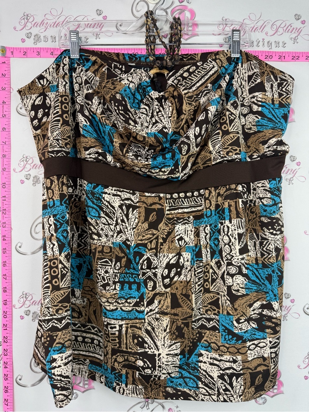 MXM tank top tiki wooden halter Brown, Blue & Beige Printed Halter Tank Top